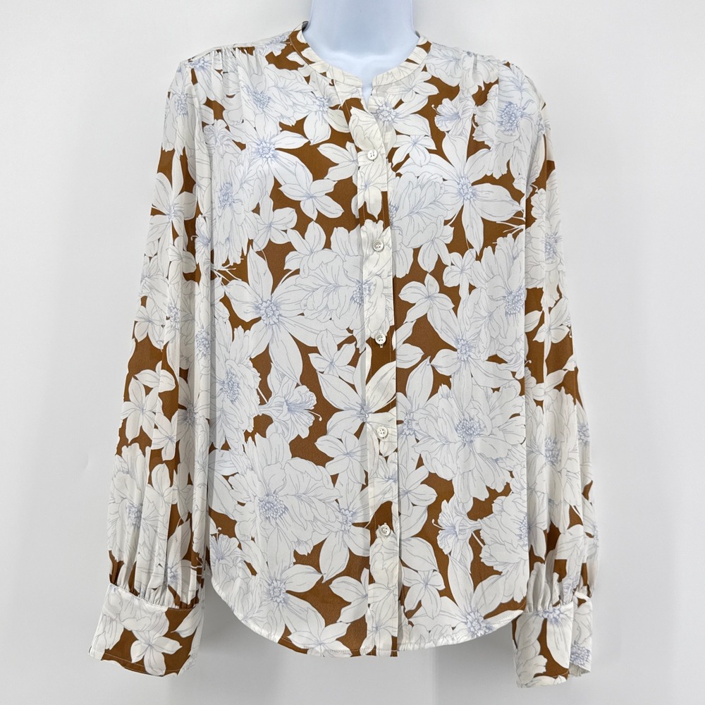 Vince‎ Floral Band Collar Button Front Blouse Brown White Long Sleeve Medium M - Picture 2 of 11